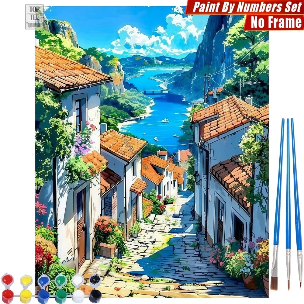 1pc frameless White Houses Bay DIY Digital Oil Paints Set - Street Flowers Boats Wall Art Home Decor Father'S Day Gift For Dad