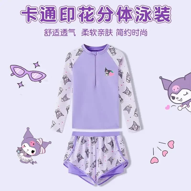 Costume da bagno due pezzi Kawaii Anime per bambina, modello Kuromi, a maniche lunghe e pantaloncini, alla moda, con doppio strato e orlo piatto