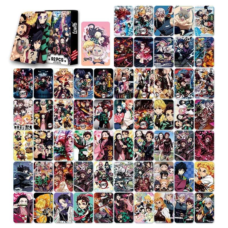 92 Pezzi Originali Demon Slayer: Carte Lomo e Adesivi Bifacciali Stampati a Colori HD, Segnalibri Anime da Collezione, Biglietti di Auguri