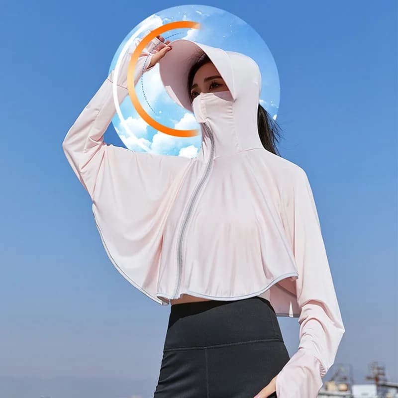 Grembiule da donna estivo da ciclismo all'aperto a prova di sole UPF50 + Abbigliamento da protezione solare in seta di ghiaccio con cappuccio traspirante mantello da sole con cerniera cappotti