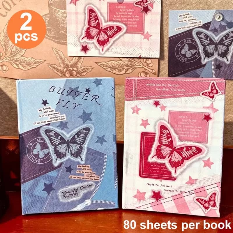 2 A7 Vintage Denim Butterfly Notebooks and Butterfly Gel Pen Set, 80 Sheets Korean-Style Diary Notebook, School Study Office Diary Scrapbook Gift Cute Writing Pen Set