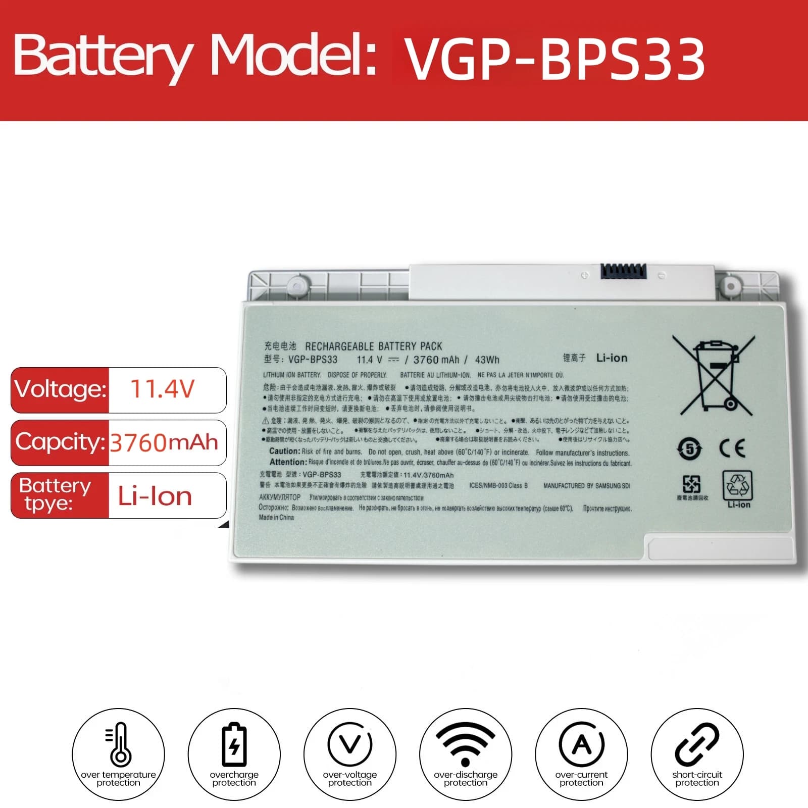 Nuova batteria per laptop VGP-BPS33 11.4V 43Wh per Sony VAIO SVT-14 SVT-15 T14 T15 BPS33