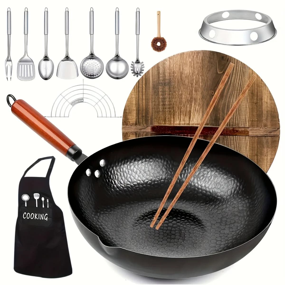 12.6 Inch Cast Iron Wok Set Nonstick Wok Pan with 13 Piece Cookware Accessories for All Cooktops Camping Home Kitchen Stir Fry Pan for Fried Rice Noodles Vegetables Meat Seafood BBQ Outdoor Cooking Meal Prep Family Use Asian Cooking Home Use Kitchen Tools