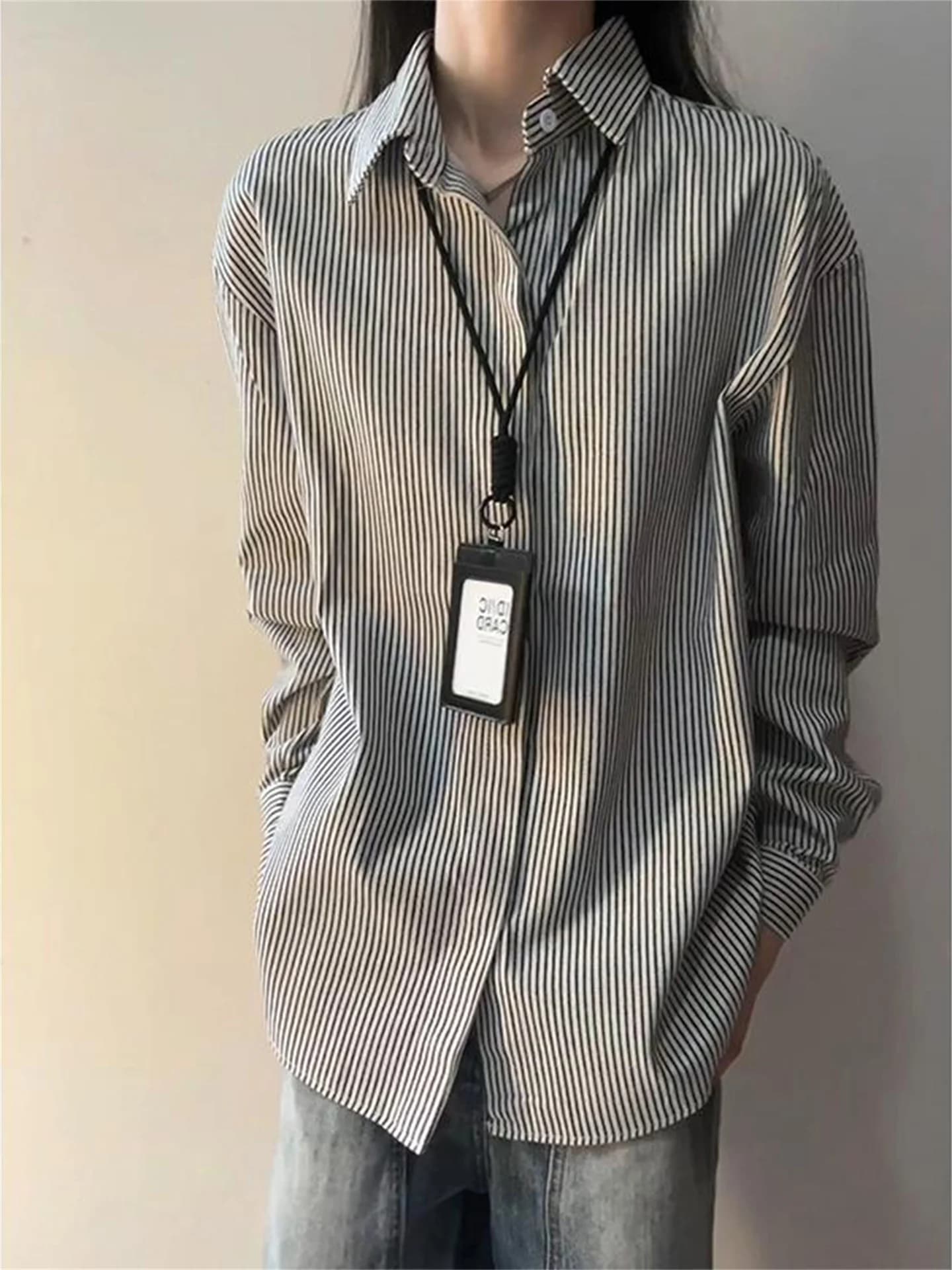 Men's Long Sleeve Striped Shirt Casual Lazy Style Autumn Fashion College Wind Design Sensation American Jacket Turn-down Collar