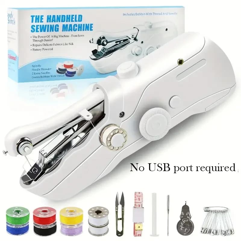 Portable handheld sewing machine, AA battery operated. DIY kit with sewing tools for beginners and adults, battery excluded.