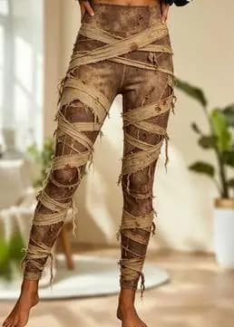 Women Mid‑Rise Fleece Lined Leggings Halloween Mummy Bandage Print Slim Stretch Thermal Pants