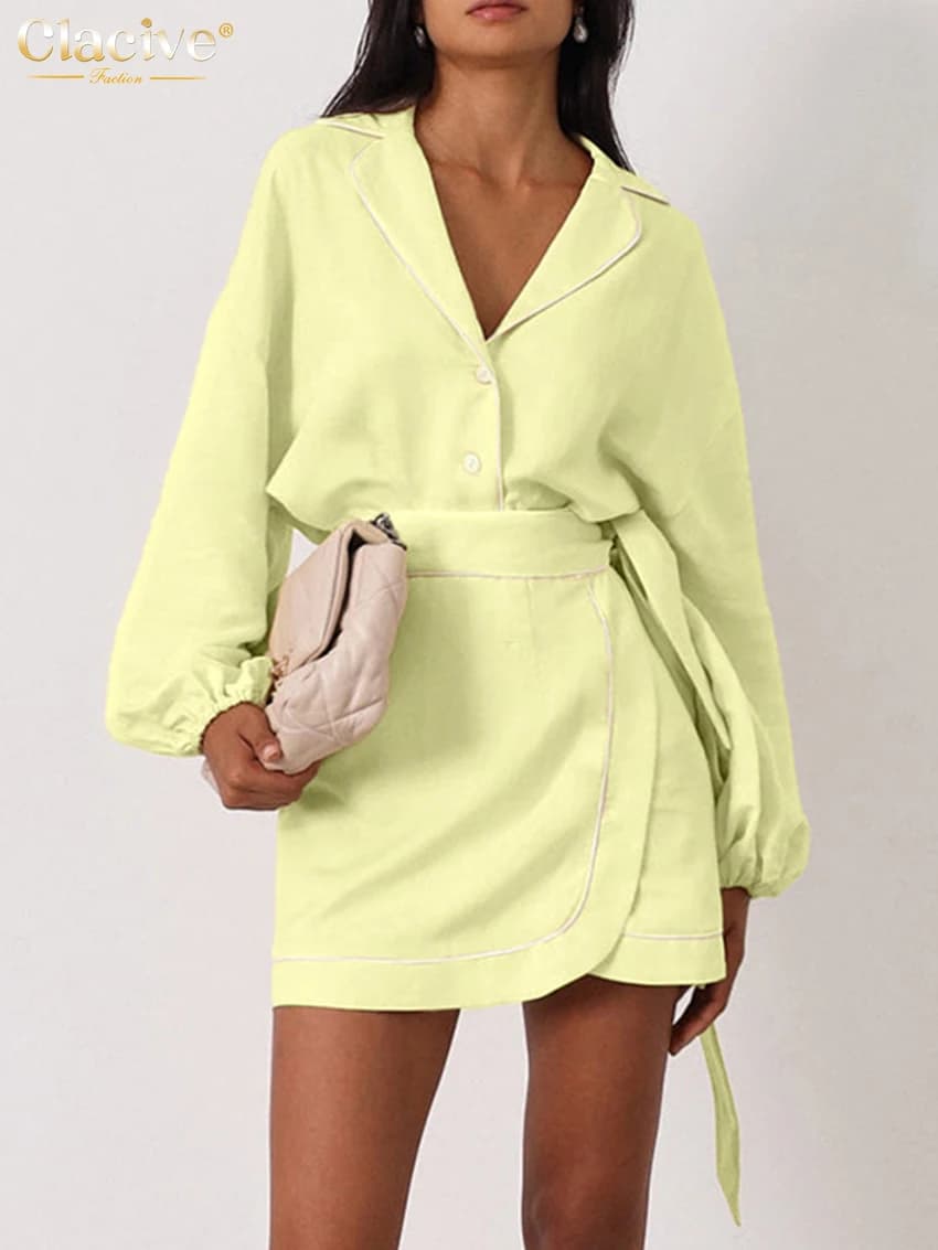 Completo da Donna Clacive Fashion in Cotone Giallo, Due Pezzi, 2026, Elegante Camicia a Maniche Lunghe con Minigonna a Vita Alta
