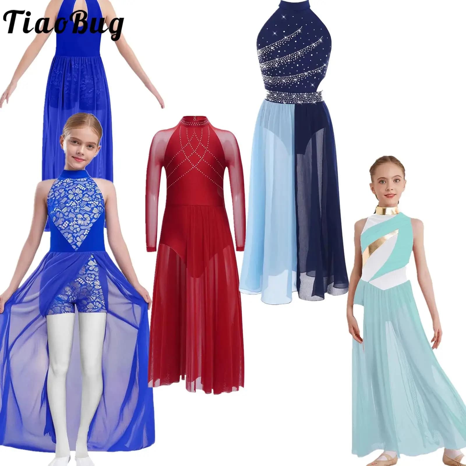 Vestito da ballo moderno lirico per ragazze per bambini Vestito asimmetrico con rivestimento in rete divisa Body da ginnastica Pattinaggio di figura Abiti da spettacolo di danza