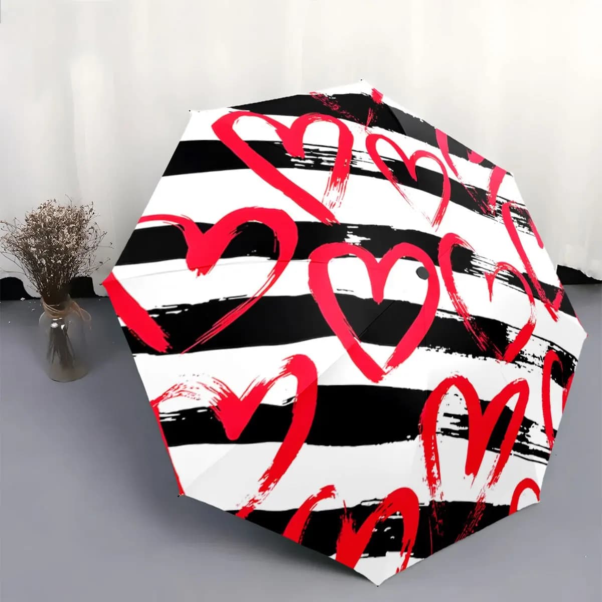 Ombrello Pieghevole Portatile con Tettuccio a Righe e Design a Cuore - Ombrello Compatto Ideale per Viaggi, Zaino in Spalla