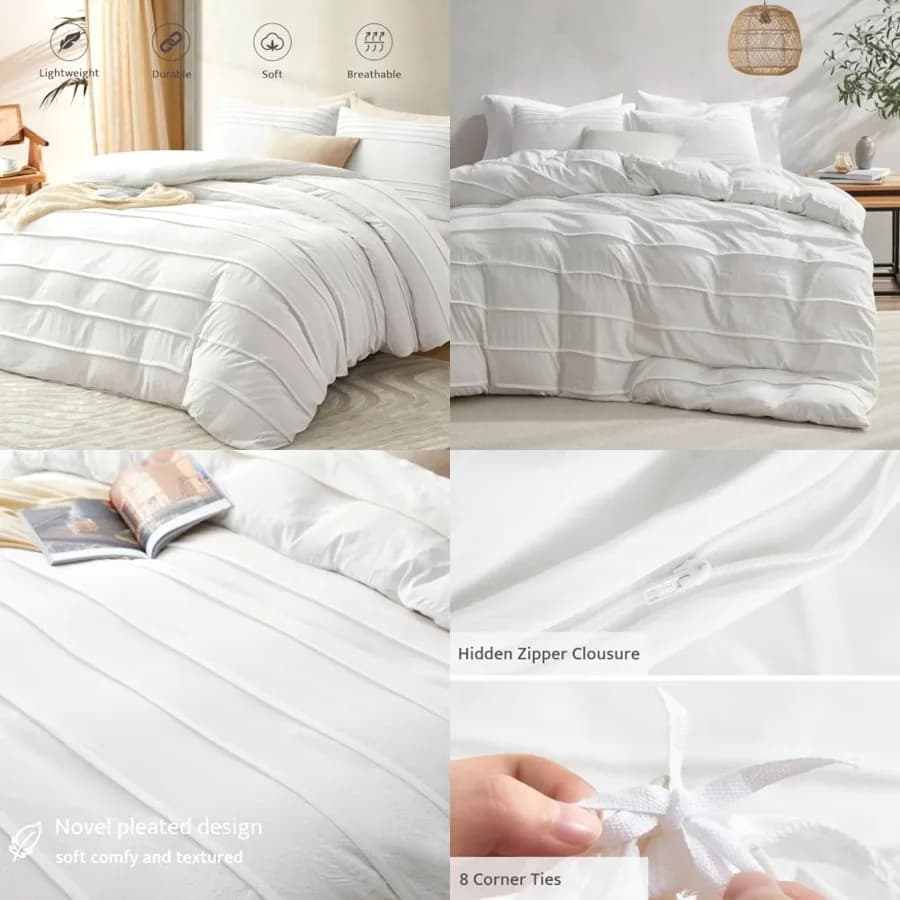 Copripiumino Bianco Queen Size - Copripiumino Queen Plissettato, Set Biancheria da Letto 3 Pezzi Morbido e Traspirante con Chiusura a Cerniera