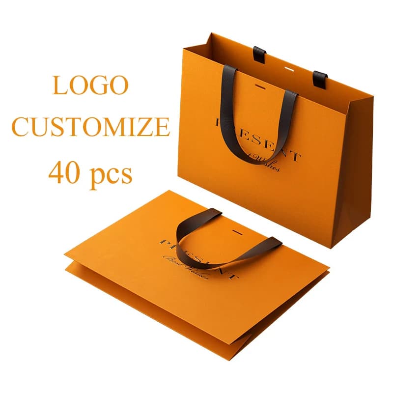Borse per la spesa con logo personalizzato per piccole imprese, 40 pezzi, borse per merci all'ingrosso, borse riutilizzabili per boutique con manico, scatole regalo