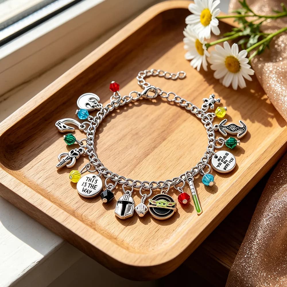 Star Wars Fan Jewelry the Mandalorian Inspired Charm Bracelet with Grogu Mythosaur Skull And Lightsaber Details Sci-Fi Accessory
