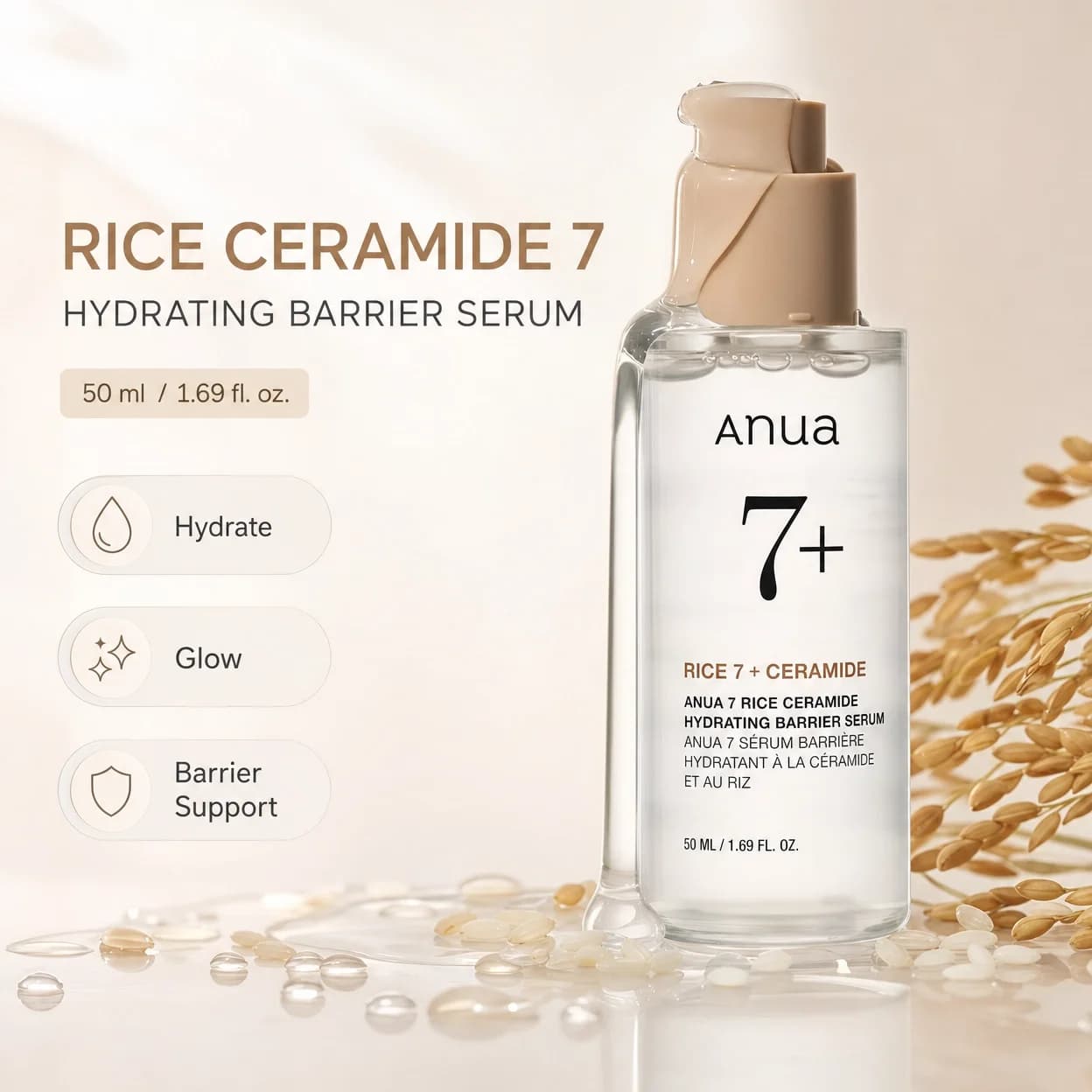 Korean 7 Rice Ceramide Hydrating Barrier Serum Brightening Hydrating Serum 50ml Hyaluronic Acid Niacinamide Essence Face Care