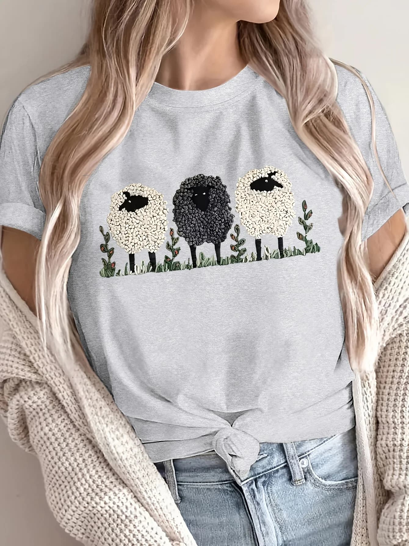 T-shirt casual a maniche corte da donna alla moda in tessuto traspirante girocollo con stampa di pecore