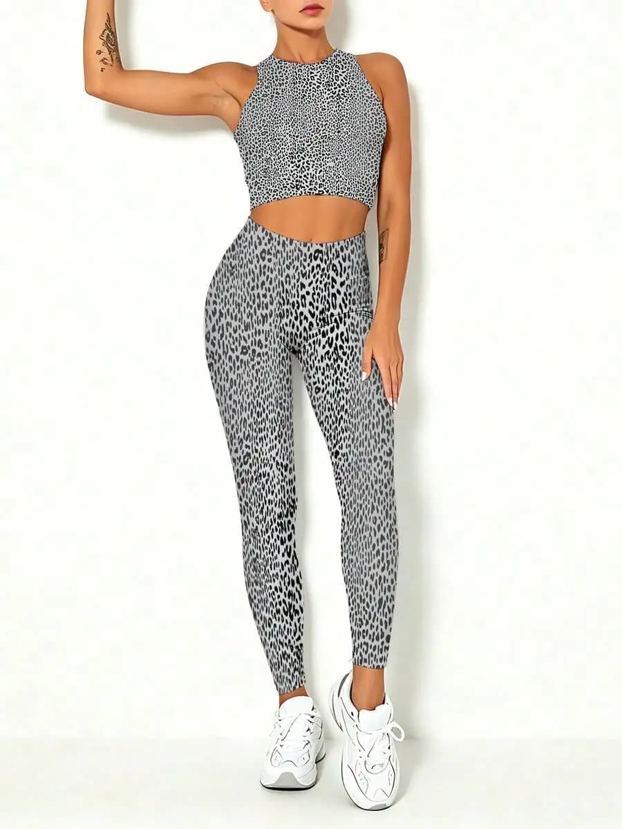 Set da yoga con stampa leopardata grigia da donna, gilet ad asciugatura rapida e leggings, abbigliamento sportivo casual