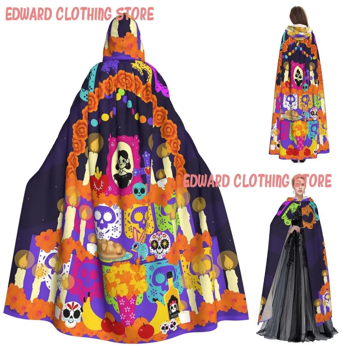 Day Of The Dead Skull Altar Long Hooded Cloak Witch Medieval Costume Cosplay Cape HalloweenVampire Adult Unisex
