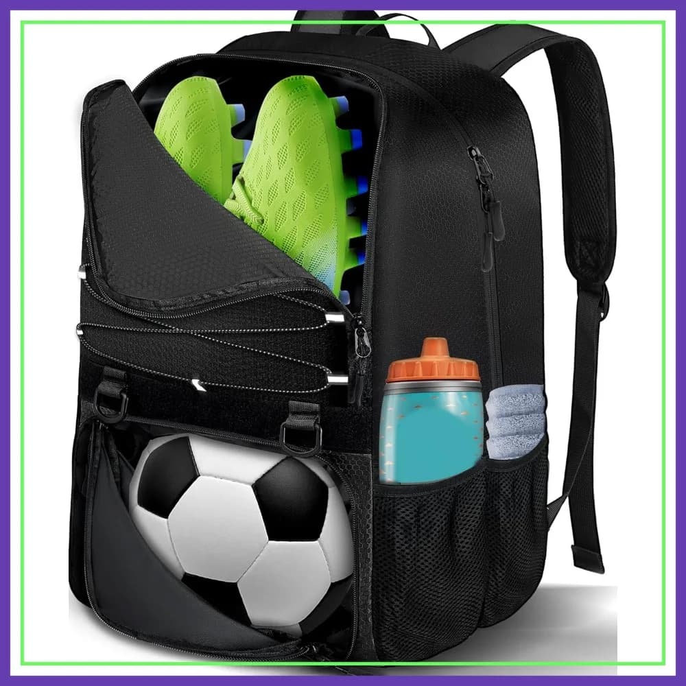 Zaino da Calcio per Ragazzi con Scomparto per Pallone, Borsa Sportiva per Allenamento Adatta a Basket, Calcio, Pallavolo, Nero
