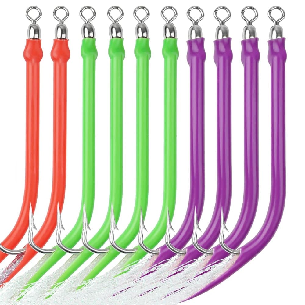 10Pcs Trolling Tube Fishing Lure Cod Rig Tube Teaser with Stainless Steel J Hook Striped Bass Offshore Big Game jigs fishing