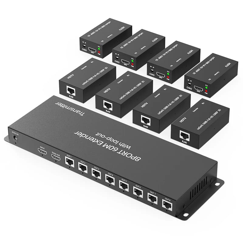 1x8 HDMI Extender Splitter Via RJ45 Ethernet Cat5e CAT6 Cable 60M 195ft HDMI Splitter Video Transmitter and Receiver Support POC