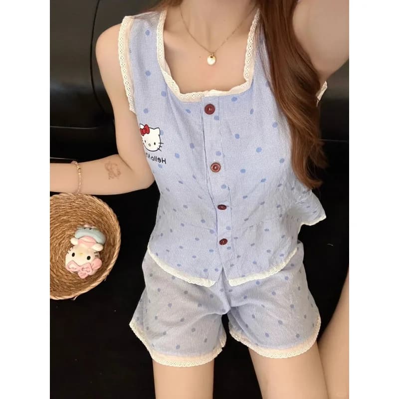 Sanrio Hellokitty Suit Household Clothes Lady Spring and Summer Cartoon Sweet and Lovely Pajamas Kawaii Y2K Sling Short Pants