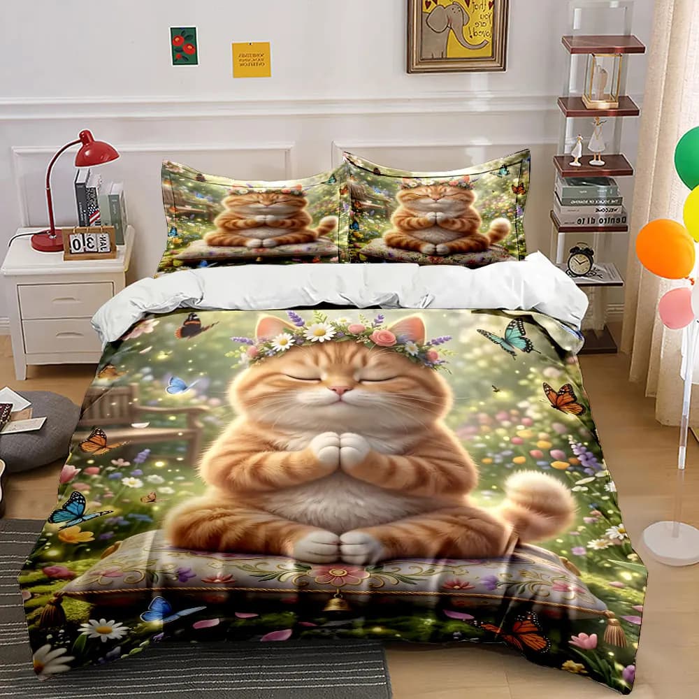 Meditating Cat in Butterfly Garden Print Bedding Set 1 Duvet Cover 2 Pillowcases for Adult and Children Luxury Gift Full Size