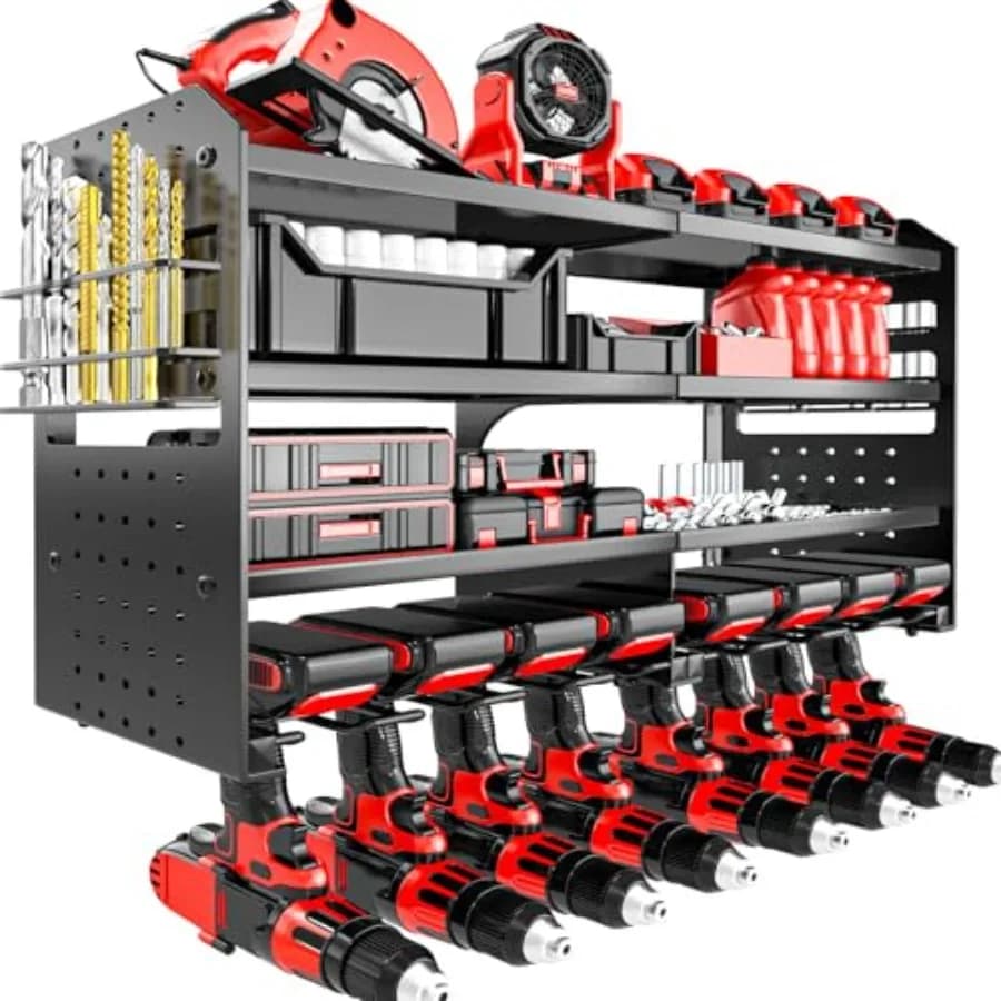 Organizzatore per Utensili Elettrici da Parete, Scaffale in Metallo a 4 Ripiani per Stoccaggio Attrezzi, Mensole per Trapani da Garage con Ripiani