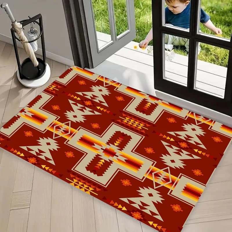 Tappeto Vintage con Motivi Geometrici Tribali, Tappetino Antiscivolo, Motivo Azteco Rosso e Beige, Lavabile, Resistente