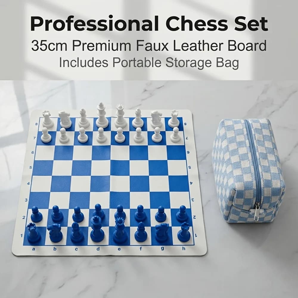 A Foldable and Portable International Chess Set Blue with a 34cm/13.78IN Board, Including a Full Set of 32 Chess Pieces