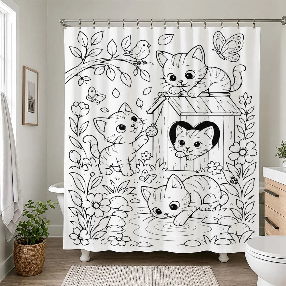 Cute Kitten Forest Friends Line Art Shower Curtain Bathroom Decor Kawaii Animal Print Shower Curtain