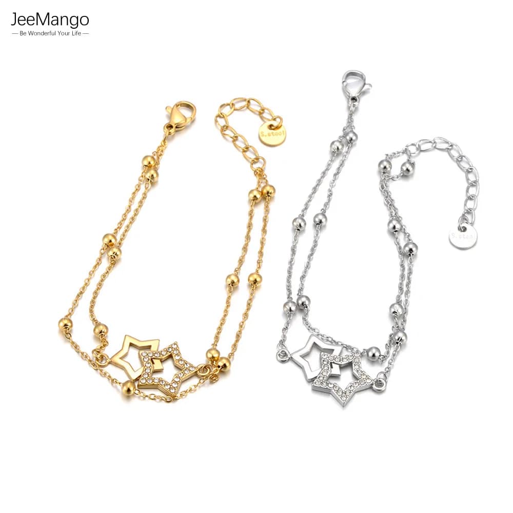 JeeMango Zirconia Butterfly Animal Charm Bracelet for Women Gold Plated Stainless Steel Double Layer Chain Jewelry New B25086