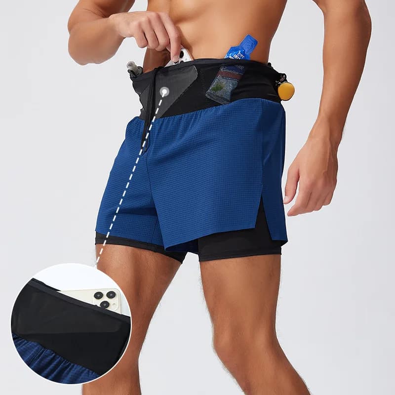 Pantaloncini da corsa da uomo con tasche integrate nella cintura, pantaloncini a compressione atletici ad asciugatura rapida per jogging e sport all'aria aperta