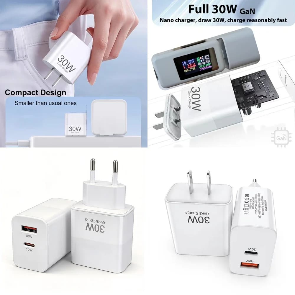 Smart 30W PD QC Fast Charger Dual Port EU US Plug Wall Adapter for iPhone 17 16 15 Pro Max Samsung S26 S25 S24 Ultra Google