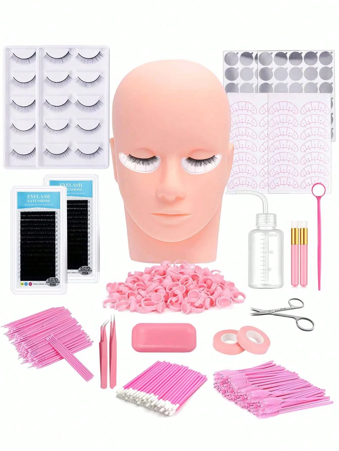 Kit Professionale per Extension Ciglia, Strumenti per l'Applicazione di Ciglia, Testa di Manichino, Ciglia Finte 0.07D Curl Mix per Pratica, Pinzette