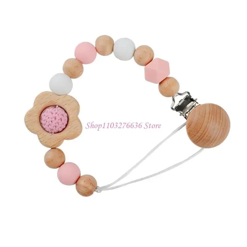 R6FD Cartoon Wooden Pacifier Clips Baby Silicone Teethers Toy Chain for Newborn Gift