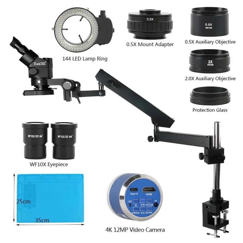Microscopio stereo trinoculare simul-focale 45X 4k 2K 48MP 55MP HDMI USB VGA Videocamera Braccio articolato Morsetto pilastro Set di riparazione