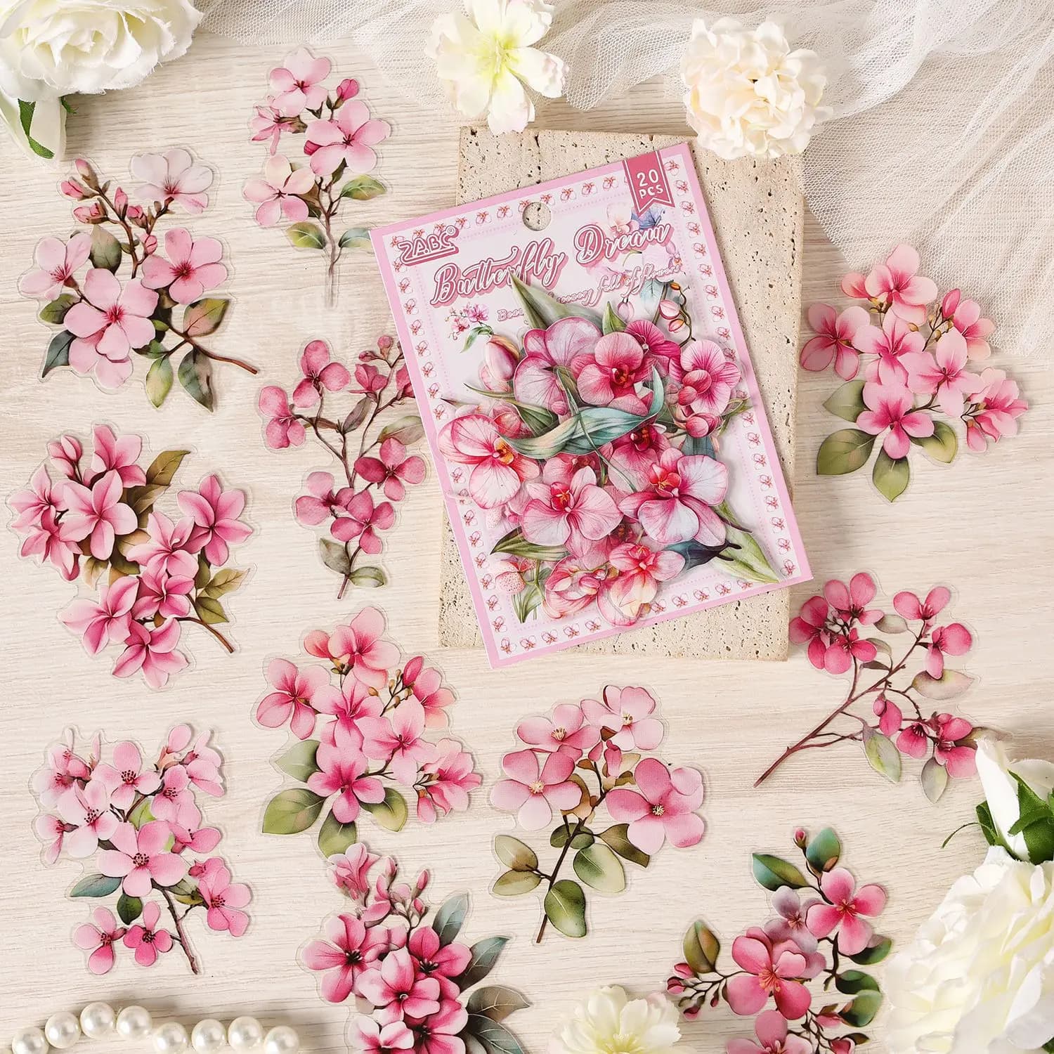 20 adesivi floreali rosa - Decalcomanie floreali romantiche per diario e scrapbooking
