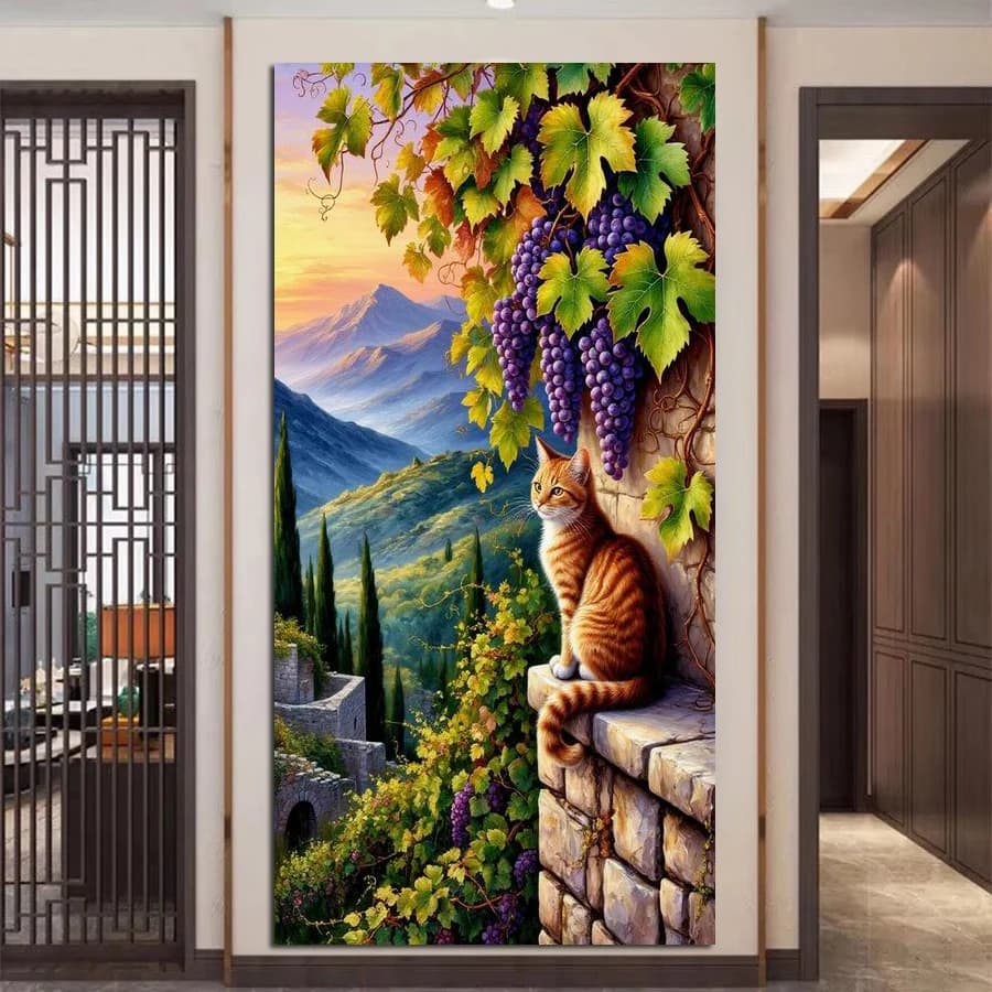 Paesaggio al tramonto Uva Gatto Kit di pittura artistica con diamanti fai da te di grandi dimensioni Animali Immagine di ricamo a mosaico con trapano rotondo quadrato completo