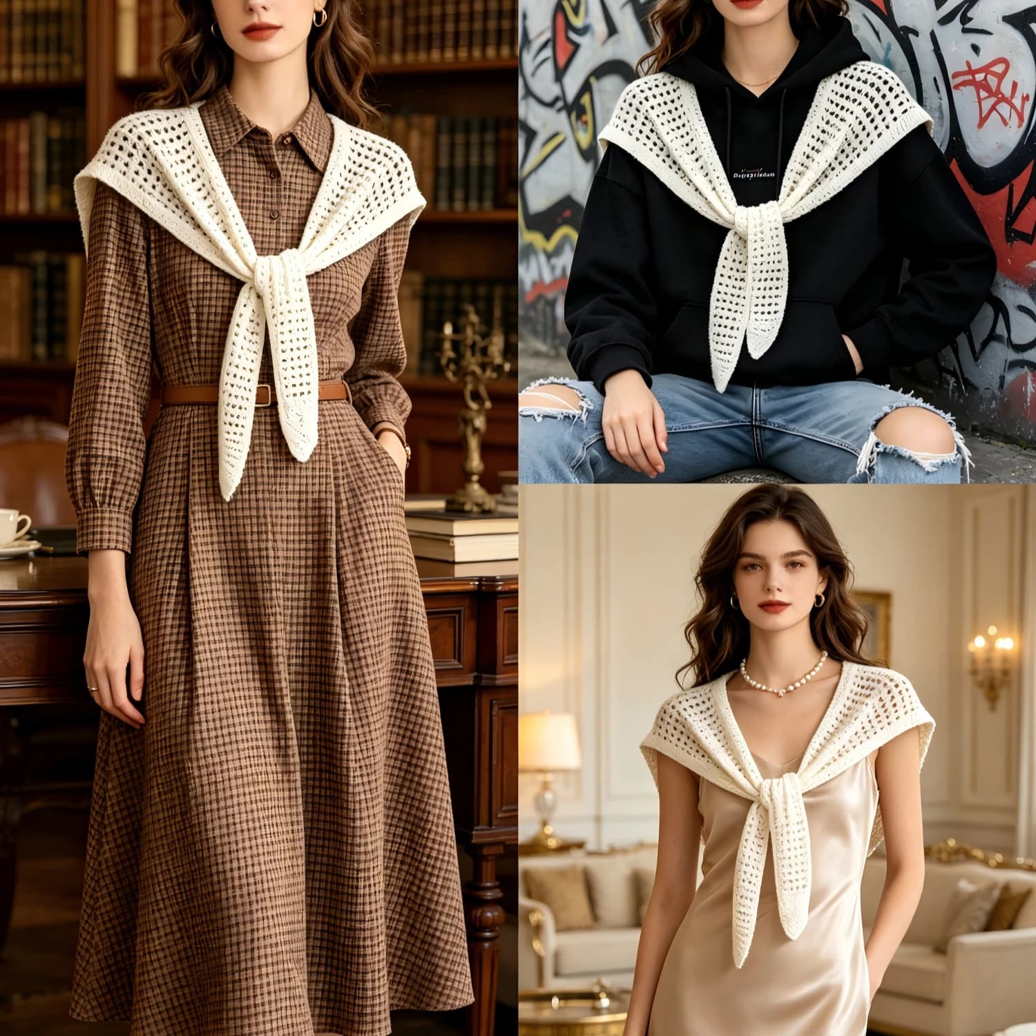 1 piece of spring and autumn new hollow design pointed sleeve knitted shawl with shirt skirt and neck scarf