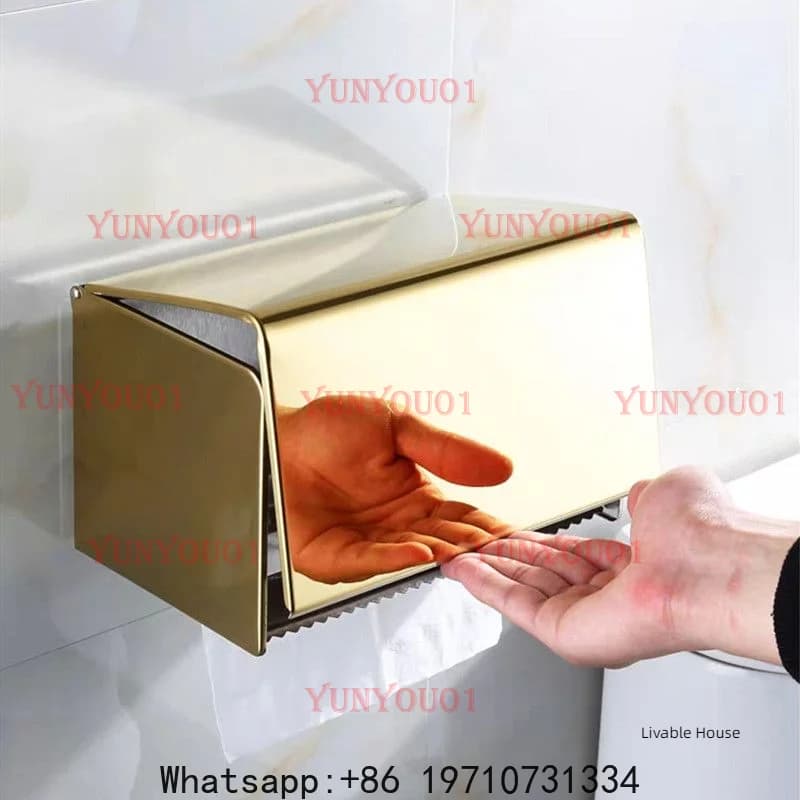 Portarotolo da Bagno in Acciaio Inossidabile Dorato, Porta Telefono Integrato, Impermeabile, Contenitore Nero per Fazzoletti