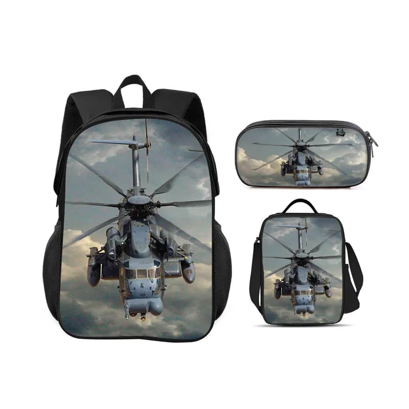Helicopter backpack pencil case ice pack 3Pcs Set, trendy mechanical printing, new style, best gift for boys and girls in school