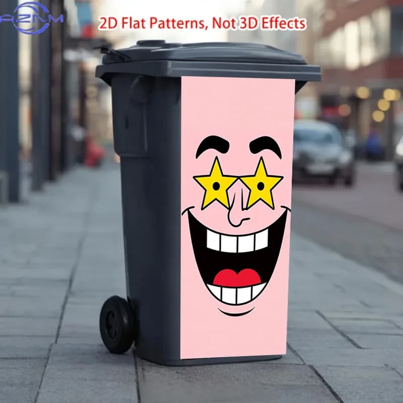 2D Flat Printing: A Trash Can Sticker Featuring a Starry-eyed Big Joyful Face Design. This Matte-finish Sticker Is Suitable fo