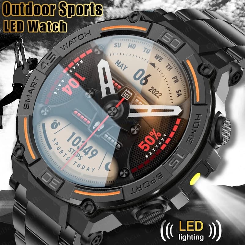 Smartwatch robusto militare da esterno da uomo GPS sportivo fitness orologio impermeabile chiamata Bluetooth con luci a LED orologio intelligente