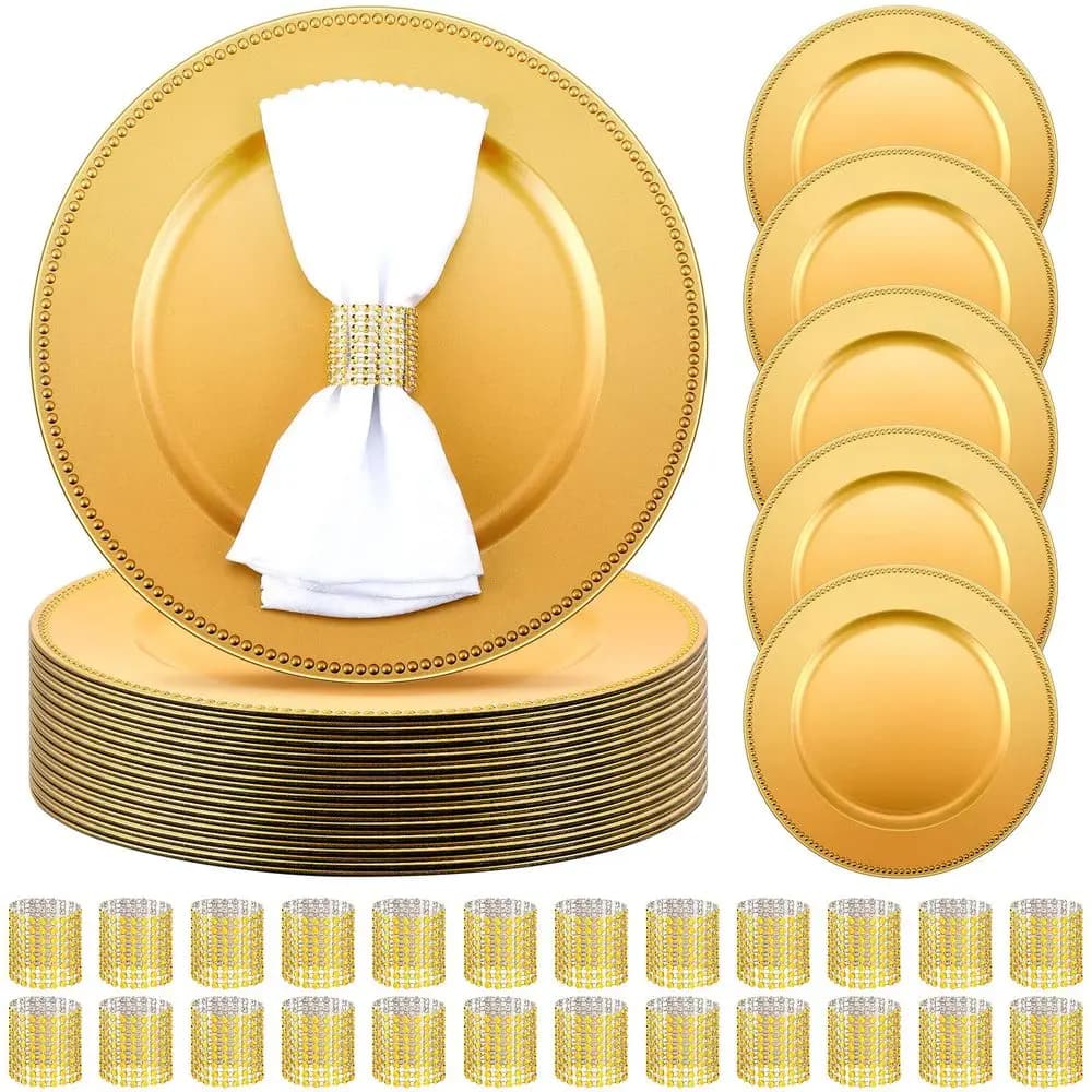 48 Pcs Charger Plates Set, Bulk 24 Plastic Plate Chargers with 24 Napkin Rings, 13 Inch Round Dinner Chargers for Table Setting