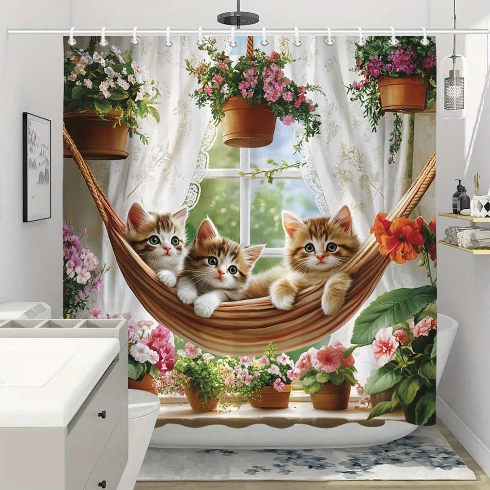 "Adorable Kittens in Hammock Waterproof Shower Curtain, Cute Animal Design for Kids Bathroom Decor"