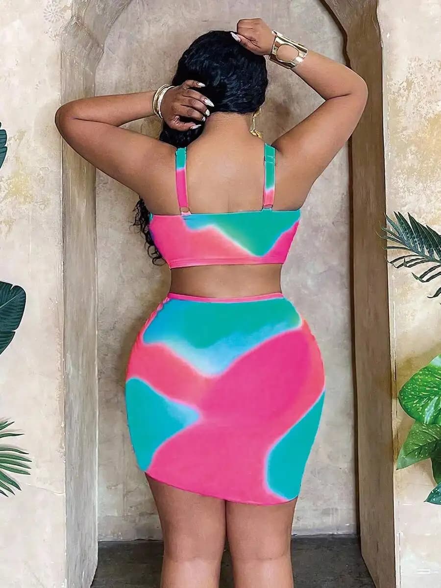 Costume da bagno 3 pezzi da donna taglie forti con stampa sfumata, top con laccetti sul davanti, slip a triangolo e gonna da spiaggia estiva