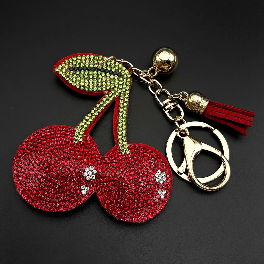 Simpatico portachiavi con frutta fresca e ciliegia per donna uomo, strass rossi, borsa estiva calda, decorazione con ciondolo, portachiavi, regali di gioielli