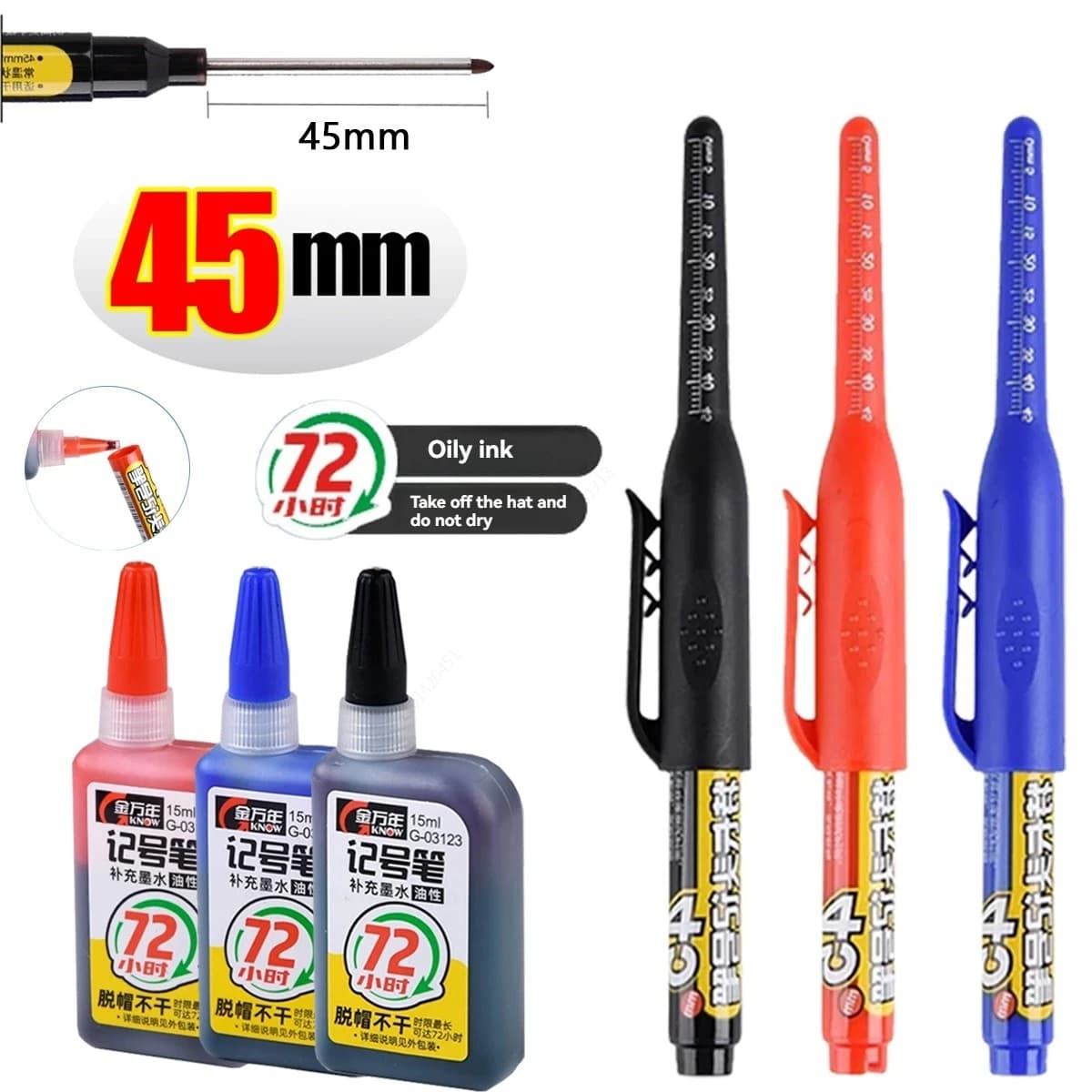 1-6 pieces 45mm waterproof long head pen for deep holes pen for multipurpose tile carpenter for woodworking ink black/blue/red