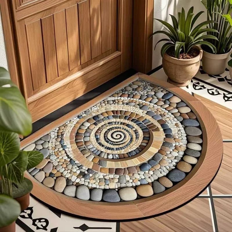 Spiral 2D non-slip entry cap with semicircular pebble print, rustic natural stone effect, for home decoration and entrance door