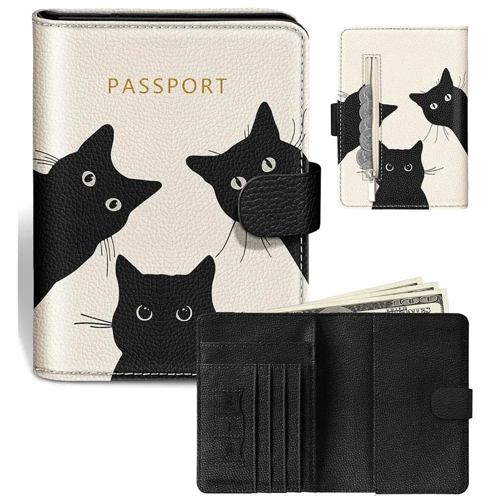 Porta Passaporto da Viaggio - Custodia Protettiva RFID per Passaporto Donna Uomo, in Pelle Crema con Gatto Nero Carino