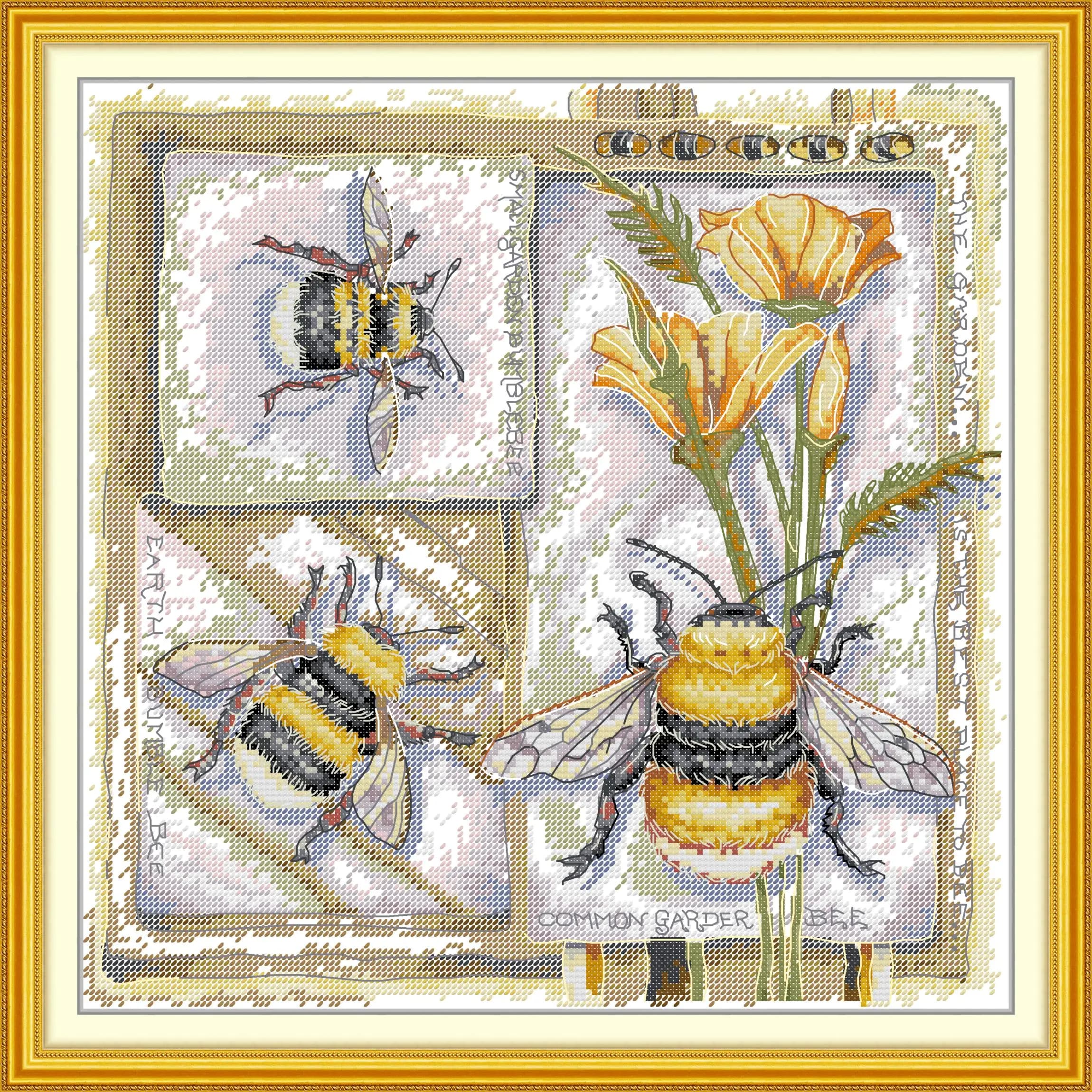Soulgift News Pre-Printed Cross Stitch Kit, Stamped Aida Fabric with DMC Threads,Embroidery Kit - Biological Illustration – Bees